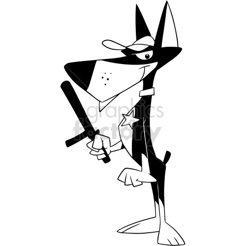 The clipart image depicts an animated, anthropomorphic Doberman Pinscher dog standing upright, dressed in a guard or security uniform. The Doberman is wearing a hat and a badge on its chest, and it holds a nightstick (baton) in one of its paws.
