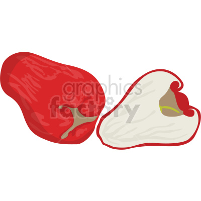 Clipart image depicting a whole and a sliced red tropical fruit called rose apple.