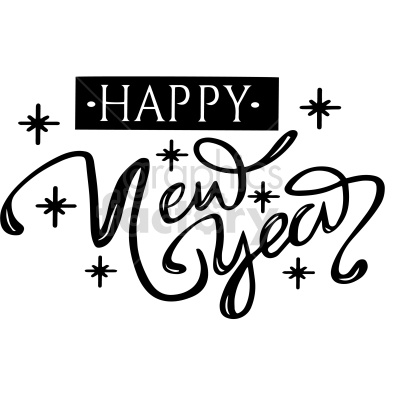 Black and white clipart image of 'Happy New Year' in decorative text with star accents.