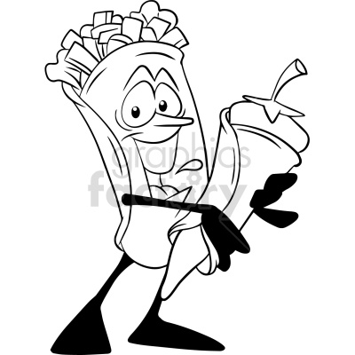 A whimsical black and white clipart image featuring an anthropomorphic burrito character holding a burrito and smiling. The burrito has arms, legs, and a cheerful expression, making it a fun and playful depiction of food.