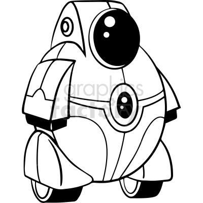A black and white clipart image of a round, cartoon robot with a large single eye and wheels instead of legs.