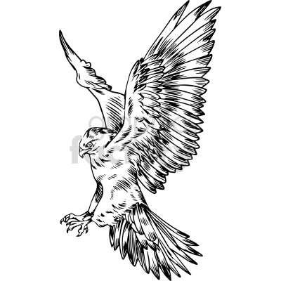 Black and white clipart of a bird with wings spread, resembling an eagle or hawk in flight, with detailed feather illustration.