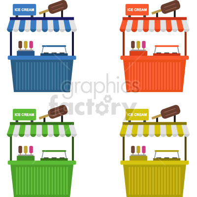 Colorful ice cream stall clipart featuring four variations in blue, red, green, and yellow.