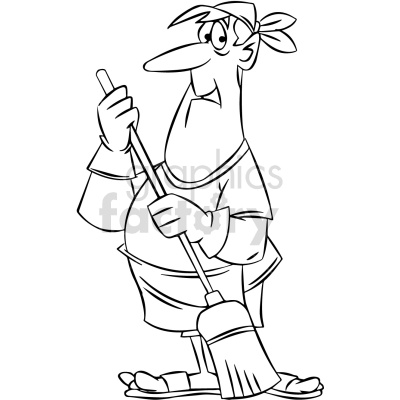 A black-and-white clipart image of a person wearing a headscarf and casual clothing, holding a broom, depicting a cleaner or janitor character.