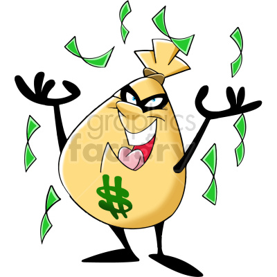   The clipart image depicts a cartoon character of a money bag with a face and arms, holding a bunch of cash in one hand and throwing it in the air. The cash is depicted as falling down like rain, suggesting that the character is "making it rain" or spending money extravagantly. This image represents the concept of being rich and having a lot of money to spend.
 