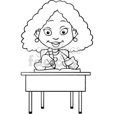 A clipart image of a happy girl writing at a desk with a pencil. The image is in black and white, making it suitable for coloring activities.