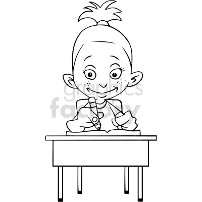 This clipart image features a cartoon-style drawing of a child with a ponytail sitting at a desk and writing in a book. The child has a happy expression, freckles, and is holding a pencil with a large smile.