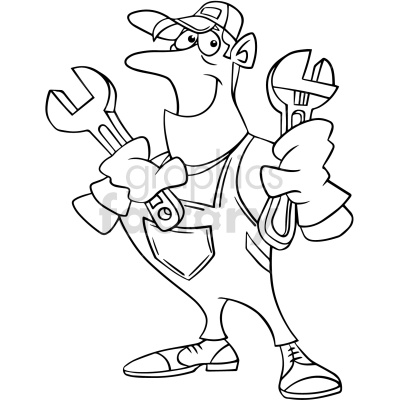 A black and white clipart image of a cartoon handyman holding a wrench and an adjustable wrench. The handyman is wearing a cap, gloves, and overalls.