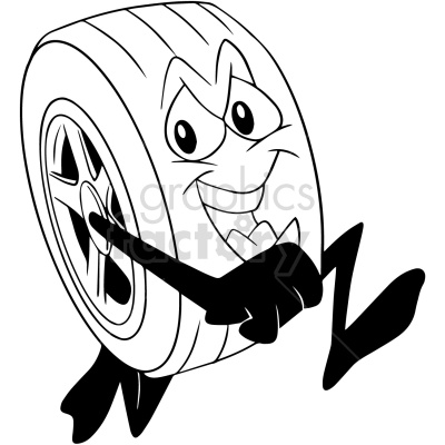 A cartoon-style clipart image of an animated tire character with a smiling face and arms and legs.