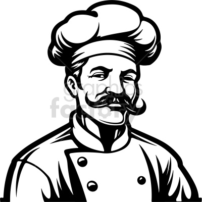 Illustration of a chef with a tall chef's hat and a mustache.