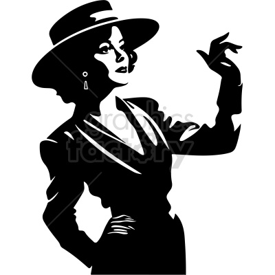 A black and white clipart image of an elegant woman wearing a hat, earrings, and stylish clothing, striking a confident pose.