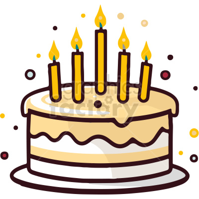 A clipart image of a birthday cake with five lit candles on top. The cake appears to have layers of icing and is decorated with colorful confetti sprinkles around it.