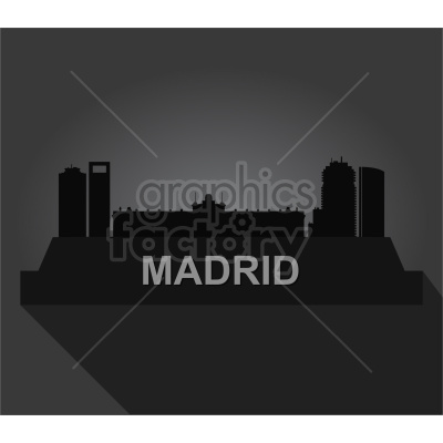 Vector clipart image of Madrid city skyline silhouette with modern buildings and typography.