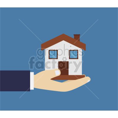 An illustration of a hand holding a small house. The house features a brown roof, chimney, and door, with two windows. The background is blue.