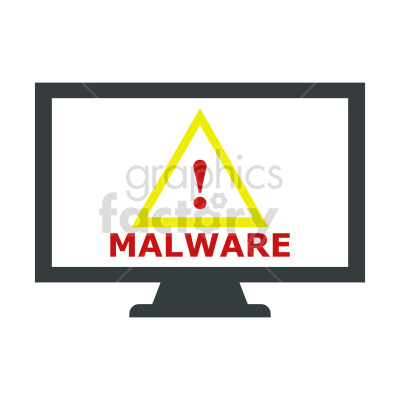 A computer monitor displaying a warning sign with an exclamation mark inside a yellow triangle and the word 'MALWARE' in red text, indicating a malware alert.