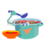 Animated pot putting soup into a bowl