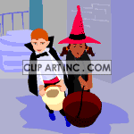 Animated trick or treaters dressed as a vampire and a witch