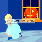 Animated halloween pumpkin in the window of a little girls bedroom