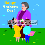 Animated girl and boy giving their mother Mothers Day gifts