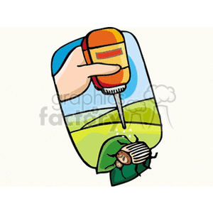 The clipart image depicts a hand holding a spray bottle, dispensing some sort of substance onto a bug that is on a leaf. The setting could imply a garden or field scenario where pest control is taking place.