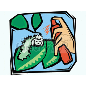 The clipart image depicts a stylized scene where a human hand is holding a red spray bottle, presumably containing pesticide, directed at a green caterpillar-like bug sitting on a leaf with a shocked expression, indicating extermination of pests or bugs in a garden or agricultural setting. The background is a simplified depiction of foliage, supporting the gardening and pest control theme.