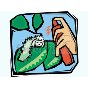   The clipart image depicts a stylized scene where a human hand is holding a red spray bottle, presumably containing pesticide, directed at a green caterpillar-like bug sitting on a leaf with a shocked expression, indicating extermination of pests or bugs in a garden or agricultural setting. The background is a simplified depiction of foliage, supporting the gardening and pest control theme. 