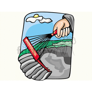 The clipart image depicts a hand holding a red rake, appearing to be tending to a garden or soil with a blue sky and a cloud in the background.