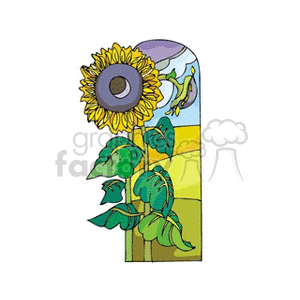 The image is a colorful and stylized illustration of a tall sunflower against a backdrop that includes what appears to be sections of bright sky and possibly hills or fields in sunny shades. The sunflower has a large, detailed flower head with bright yellow petals and a brown center, along with green leaves and a sturdy stem.