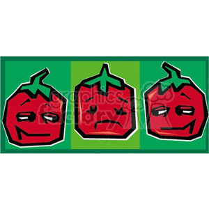 The clipart image depicts three stylized tomatoes with anthropomorphic faces. Each tomato has a different facial expression: the left one appears happy, the middle one sad, and the right one has a sly or mischievous expression. They are lined up side by side against a green background.