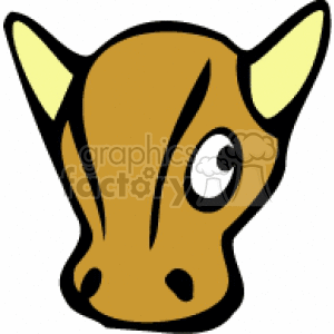 The image is a simple cartoon illustration of a bull's head. The bull has a pair of horns and is mostly brown with some yellow spots or highlights around the ears and snout area. It appears to be a stylized representation with a singular eye visible, indicative of a front-facing view.