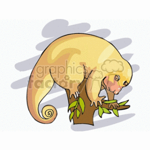 The image is a clipart illustration of a cuscus, which is a type of marsupial. It features a grey and yellow cuscus animal with a prominent, curled tail, perched on a tree stump and reaching for or nibbling on leaves.