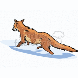 The clipart image depicts a red fox in a side profile. The fox appears to be in motion, possibly walking or sneaking. There's a shadow under the fox, indicating it is on a surface, which looks like a patch of snow due to the whiteness and the blue shading that suggests a cold environment.