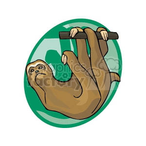 The clipart image displays a cartoon of a sloth hanging from a branch with a green circular background. The sloth appears relaxed, epitomizing the slow and deliberate nature of these tree-dwelling mammals.