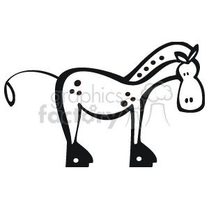 This cartoon shows a black and white horse. It has spots on its body and mane. It has a long thin tail, and solid black shoes