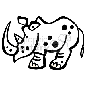 This image is a black-and-white drawing of a rhinoceros  The rhinoceros has two big horns on its head, and black spots on its body
