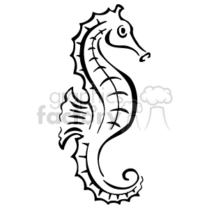 The clipart image shows a stylized line drawing of a seahorse. It is a simple outline representation of the animal, capturing its characteristic curled tail, horse-like head, and bony plates along its body. The image is in black and white, typically used for coloring activities, as a graphic in documents or websites, or for crafts and decoration.