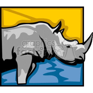 The clipart image shows a stylized profile of a rhinoceros. It appears to be set against a background with a yellow top portion, likely representing a savannah or plain under a hot sun, and a blue bottom portion, which could represent water. The rhinoceros is depicted in shades of gray and is outlined in black, giving a bold and clear representation of the animal. The rhino is an iconic African species known for its large size, thick skin, and one or two horns on its snout.