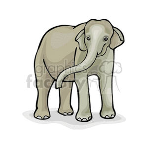 The clipart image depicts an elephant standing with its body facing the viewer. It has large ears, a long trunk, and a sturdy build typical of elephants, which are large land mammals.