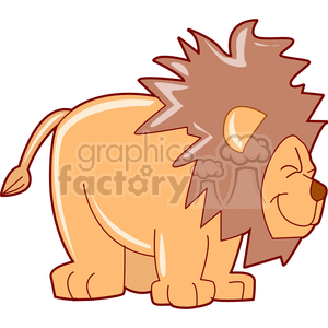 The clipart image features a stylized, cartoonish representation of a male African lion. The lion appears to be smiling, indicating a happy demeanor. Its notable mane, signifying its male gender, billows around its head in a light brown hue with darker accents. The tail has a tufted tip, consistent with real lions. The overall tone of the image is friendly and appealing for various uses, such as educational materials, children's content, or decorative graphics.