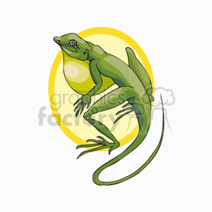 This clipart image depicts a stylized illustration of a green anole lizard. It is shown in profile with its dewlap slightly visible, set against a circular yellow backdrop.
