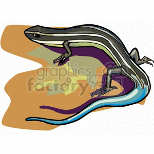 This clipart image features a stylized representation of a lizard with notable characteristics such as a sleek body, elongated tail with blue and purple stripes, and a gradient of colors across its back and tail. It appears to be perched on a rock-like surface.