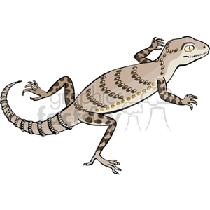 This clipart image features a stylized representation of a lizard. The creature has a slender body, long tail, and is adorned with patterns of circles and spots. It appears to be in motion with its limbs spread out as if it is running or poised to run.