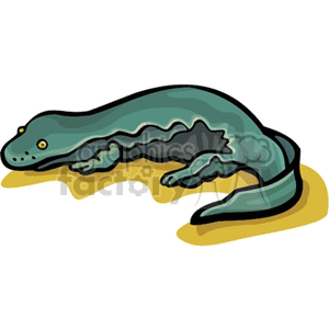 The clipart image features a stylized depiction of an amphibian, possibly intended to represent a lizard or salamander. It has a green body with some shading to give the appearance of texture or patterns on its skin. The creature is shown in a sideways profile, resting on a golden-yellow surface that might suggest sand or a similar substrate.
