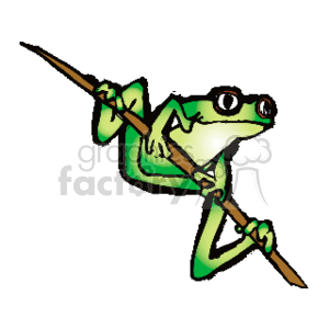 The clipart image shows a green tree frog, perched on a blade of grass in front of a tree. The image depicts a common type of amphibian found in trees and near water bodies.