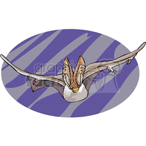 This clipart image features a cartoon bat with its wings spread wide, giving the impression of flying forward. The bat is brown in color with visible ears and a small muzzle. It is set against a background with purple stripes that provide a sense of motion. The image could be associated with themes of nocturnal animals, Halloween, and mythical vampire lore due to the cultural connection between bats and vampires.