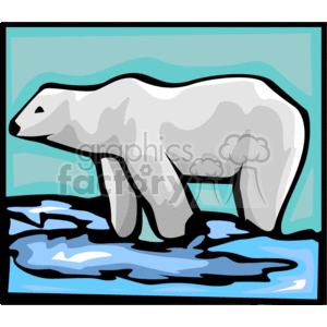   This image depicts a polar bear standing in a shallow body of water. It is facing forward, with its front paws and head visible above the surface. Its fur appears white and thick, and the bear