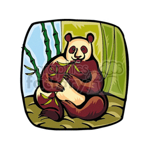 This image depicts a stylized clipart illustration of a giant panda. The panda is seated and appears to be contentedly eating bamboo. Behind the panda are some bamboo stalks and the background suggests a simple natural habitat, perhaps a nod to a bamboo forest which is their natural environment. 