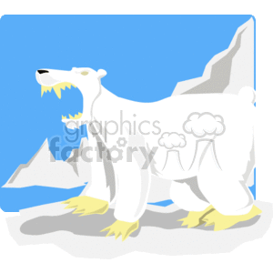 This cartoon shows a Polar bear roaring. It has a wide mouth with big sharp teeth. It has yellowish feet. In the background, you can see large icey peaks