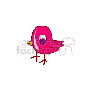 The clipart image depicts a cartoonish, stylized pink bird. The bird has a rounded body, a large eye with a prominent white spot suggesting a reflection, a small beak that is yellow, and stick-like legs with no detail on the feet.