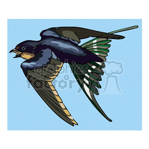 Clipart image of a flying bird with colorful wings, primarily blue and green, set against a light blue background.